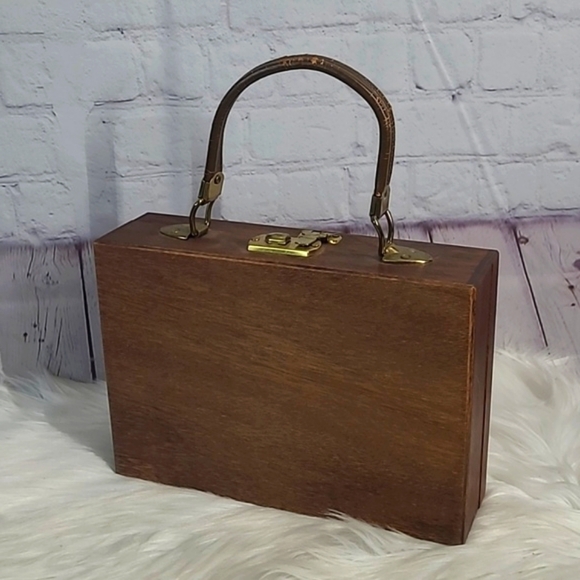 Vintage 50s Parklane USA Mahagony Wooden Square Clasp Lock Purse Clutch - Picture 14 of 17